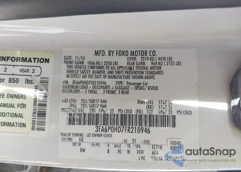 2015 Ford Fusion Se z USA, uszkodzony, nr VIN 3FA6P0HD7FR210946